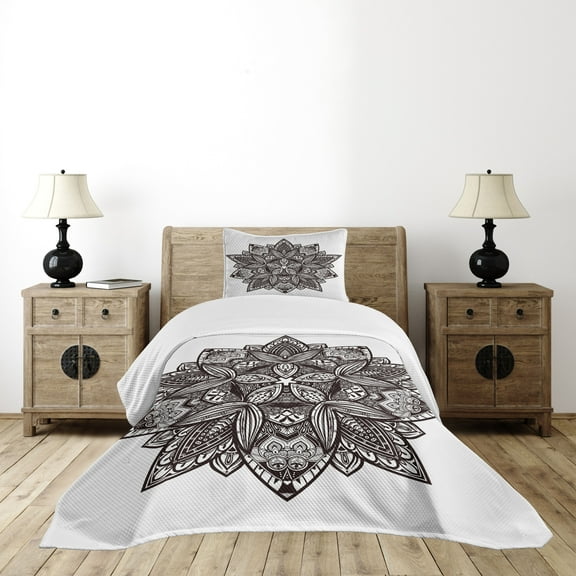 Ambesonne Leaf Quilted Bedspread Set 2 Pcs, Floral Tattoo Art, Twin Size, Seal Brown White