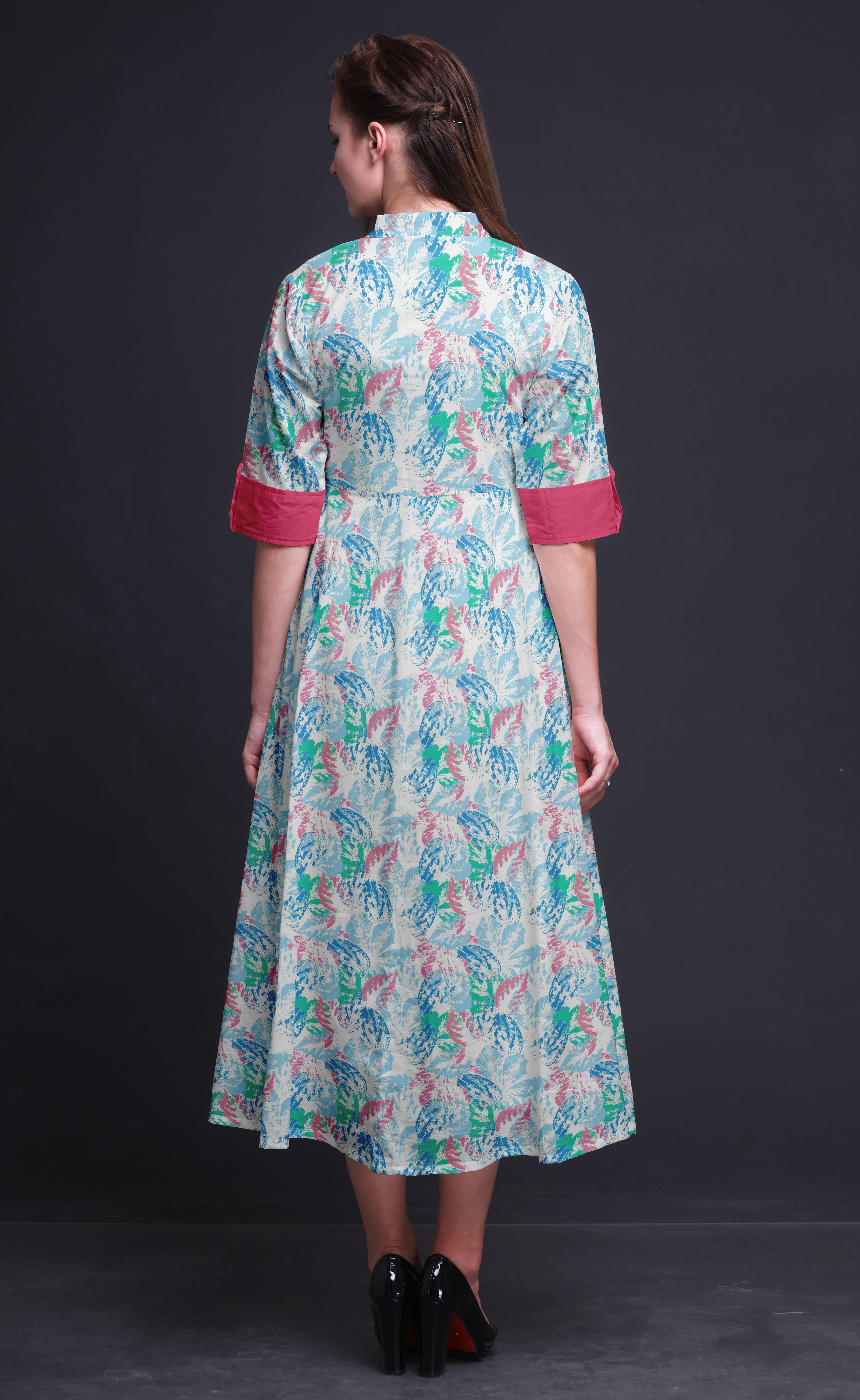 Bimba Women's Button-Down Shirt Dress - Print Mandarin Collar, Roll-Up Sleeves, Mid-Calf Length - View #7
