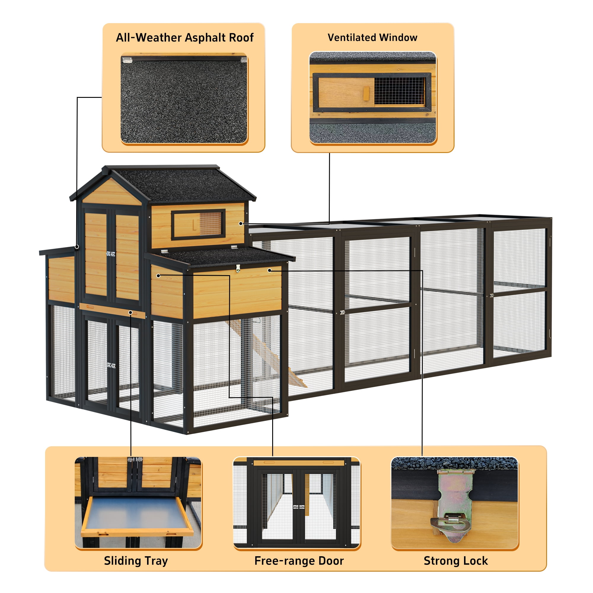 MAYEERTY 150" Black Large Wooden Chicken Coop with Run, Nesting Boxes Pull-Out Tray Sliding Door for 4-6 Chickens