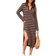 thumbnail image 2 of Womens Striped Sweater Dress Fall Chunky Knit V Neck Collared Long Sleeve Slit Loose Midi Dresses Brown S, 2 of 9