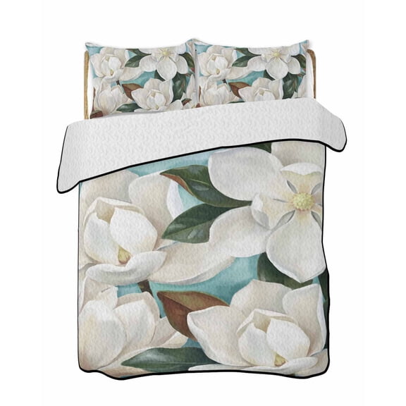 Quilts King Size Bedding Set, Magnolia Blossom Lightweight Quilted Comforter, Spring White Floral Flowers Farmhouse Green Soft Bedspread Coverlet with Pillow Covers for All Season, 96" x 106"