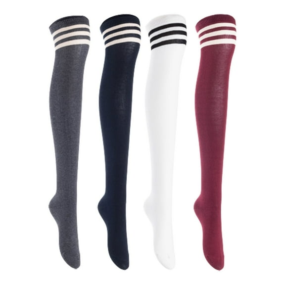 Lian LifeStyle Women's 4 Pairs Adorable Comfortable Soft Thigh High Over Knee High Cotton Socks, Size 6-9, JMYP1022 DarkGrey, Navy, White, Wine