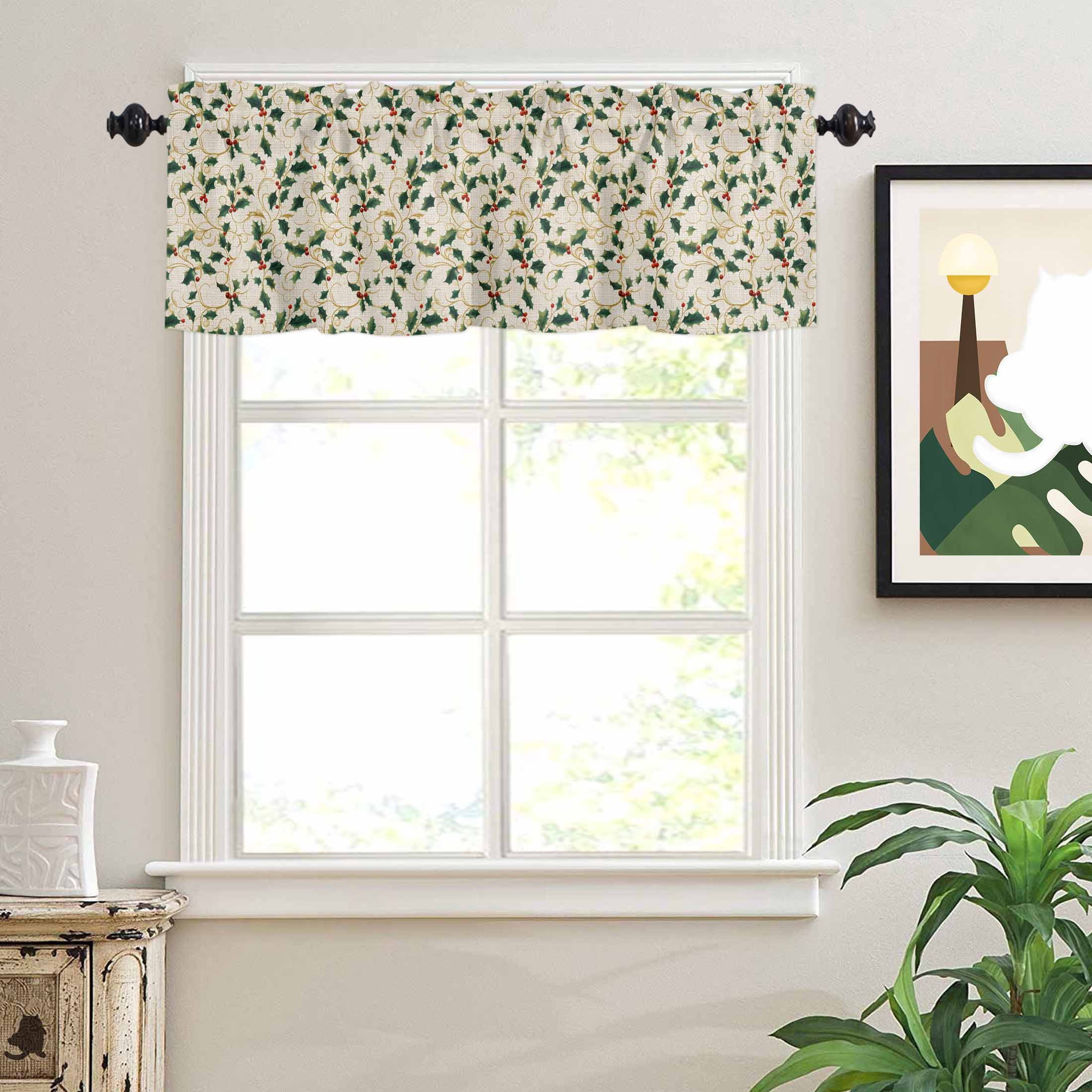Winter Christmas Valances for Windows Holly Berry Plants Leaves Linen Grain Rod Pocket Curtain Valance Window Treatment Short Curtains for Kitchen Living Room, 60"x18"