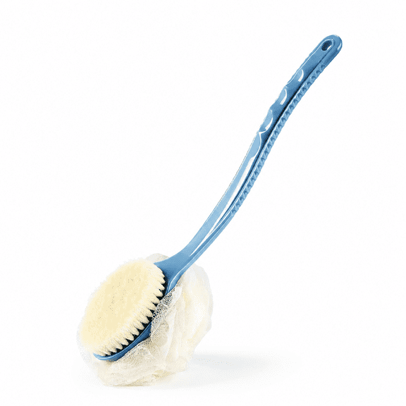 Shower Body Brush Bristle Loofah Curved Long Handle Back Scrubber for Wet Dry Exfoliating Bath Blue