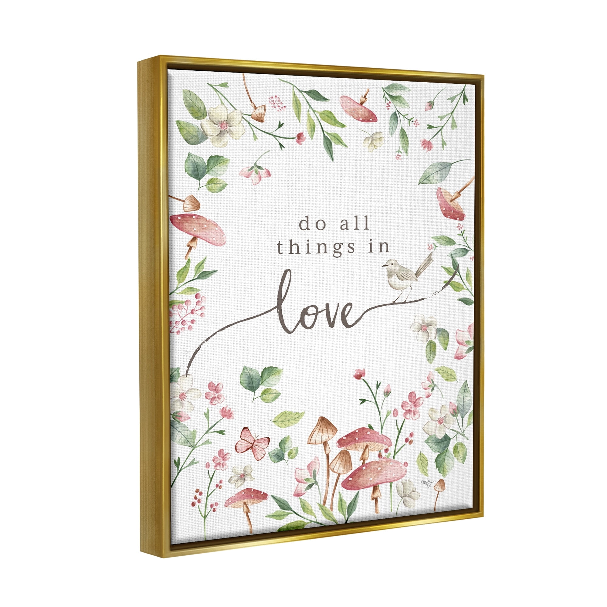 Stupell Industries Do All Things In Love Cottage Mushroom Floral Botanicals Graphic Art Metallic Gold Floating Framed Canvas Print Wall Art, Design by Mollie B.