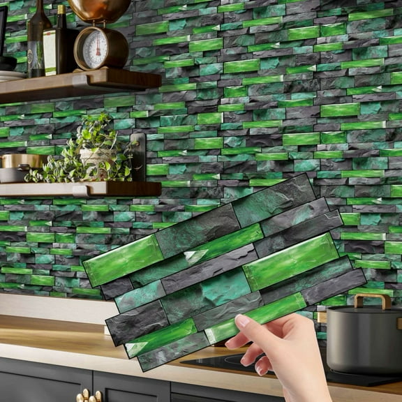 12Piece Self Adhesive Kitchen Backsplash Tiles Stickers Wall Decals 4.72 x 9.68inch Green Gray Stone Brick DIY Decor Peel and Stick Tile
