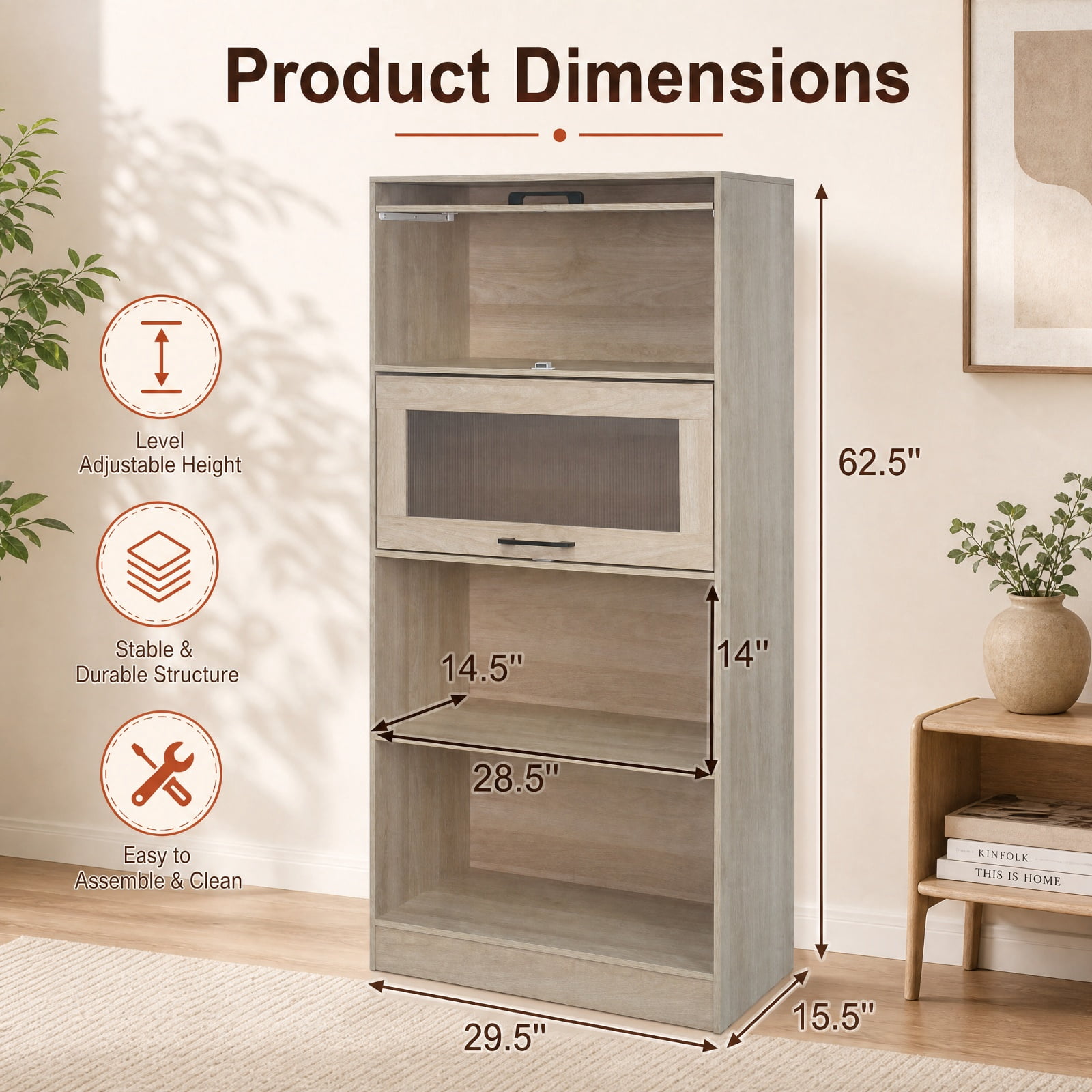 Furnibear 4-Tier Wood Bookcase with Flip-Up Cabinet Doors and Open Compartments Tall Storage for Home Office and Study, Natural