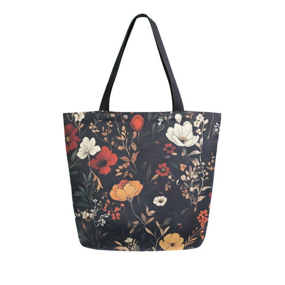 FORMRS Womens Canvas Tote Bag with Zipper Inner Pocket Shoulder Handbag, Black Floral Pattern