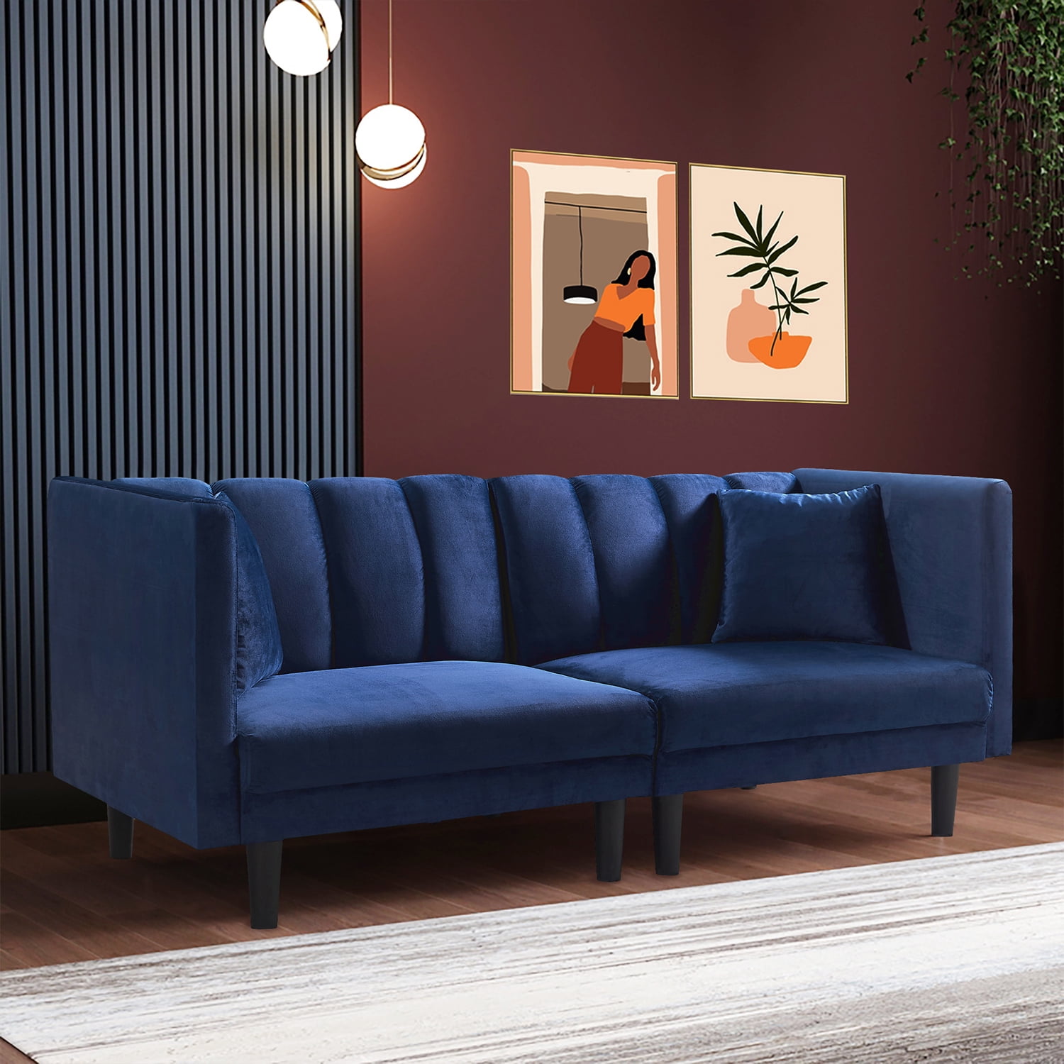 Kadyn Futon Sofa, Fabric Futon Sofa Bed with 2 Pillows, Modern Convertible Futon Sofa for Small Rooms, Navy Blue Kadyn Futon Sofa, Fabric Futon Sofa Bed with 2 Pillows, Modern Convertible Futon Sofa for Small Rooms, Navy Blue