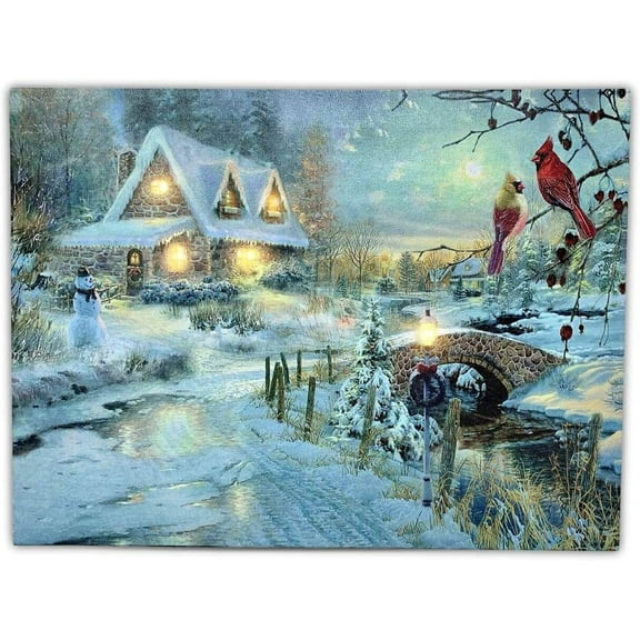 Lighted Cottage Along a Stream Christmas Scene with Cardinals and Snowman - LED Canvas Art Wall Print - Old Fashioned Cobblestone Bridge