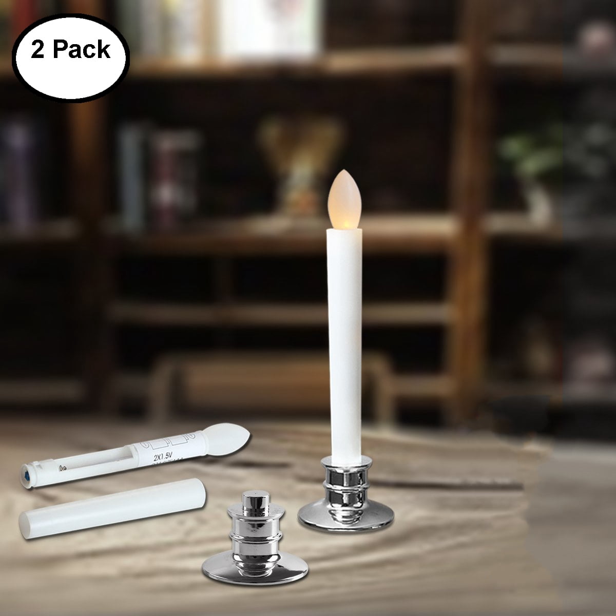 2Pack Flameless Taper Window Candles with Removable Holders LED Christmas Candles Wedding Party Decoration Silver Base