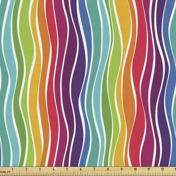 Ambesonne Rainbow Fabric by the Yard Upholstery, Swirls Vertical Waves Art, 2 Yards, Multicolor