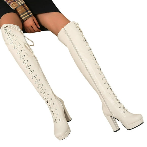 LSLJS Fall/Winter Super Thick High Heel Women's Rectangle Head Over Knee High Barrel Lace Up Boots, Women's High-Heels Over-the-Knee Boots