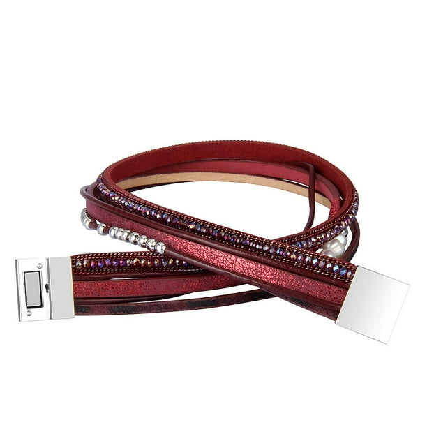 Pulsera de Cuero Punk para Mujeres Y Hombres, Pulsera de Regalo , rojo rojo perla