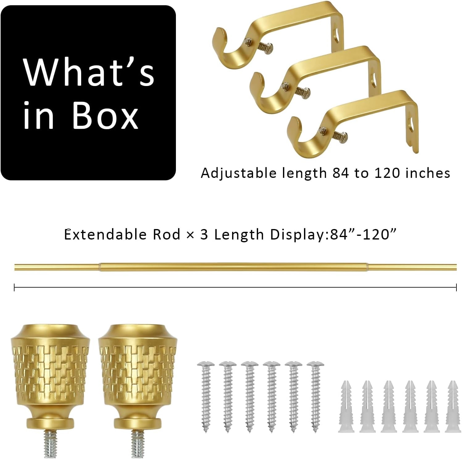 eTeckram 5/8" Single Curtain Rod with Vieve Finials,Gold,84‘’-120‘’