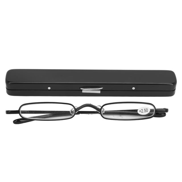 Gafas de lectura delgadas, pequeñas, portátiles, de acero inoxidable, de metal, HD, con estuche, para hombres mayores, mujeres, color negro +250