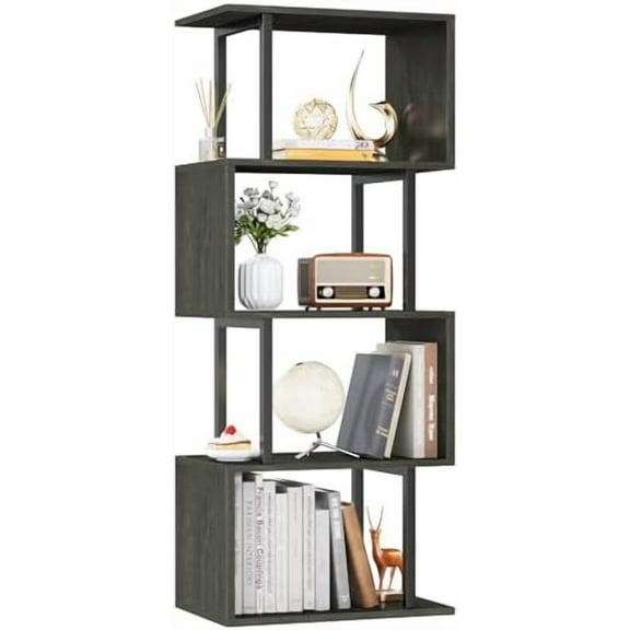 Geometric Bookshelf 5 Tier Bookcase, Industrial S-Shaped Display Storage Shelf for Small Space, Tall Metal Wood Decorative Standing Shelves for Bedroom, Living Room, Office, Black Oak