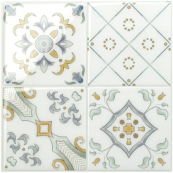 Smart Tiles Peel and Stick Backsplash Wall Tiles, Vintage White, Blue, Yellow, 4pcs, 9in x 9in