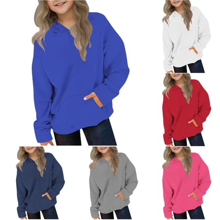 SONXAHE Oversized Solid Hoodie for Little Girls Long Sleeve Casual Pullover Daily Hooded Sweatshirt Blue
