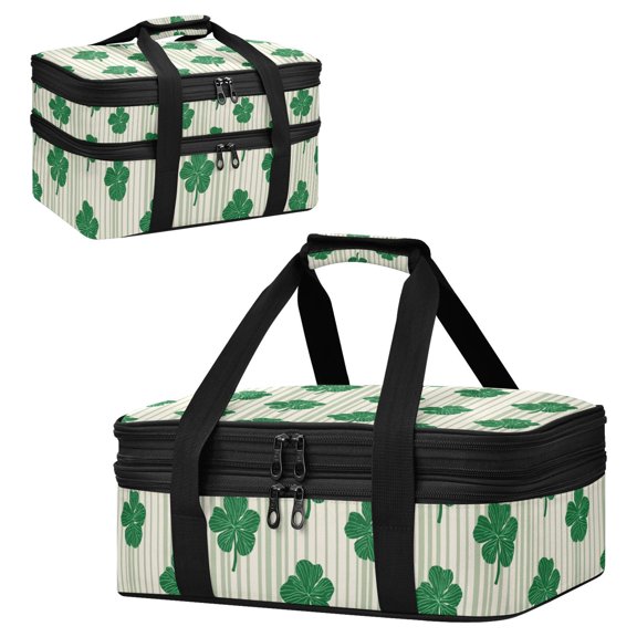 Large Double Decker Insulated Casserole Carrier Expandable 2-Layer Thermal Food Tote Bag Lucky Four-leaf Stripes Hot Cold Pizza Lasagna Holder for Potluck Picnic Party Camping