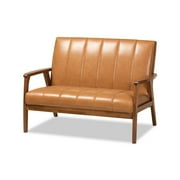 Nikko Mid-century Modern Tan Faux Leather Upholstered and Walnut Brown finished Wood Loveseat