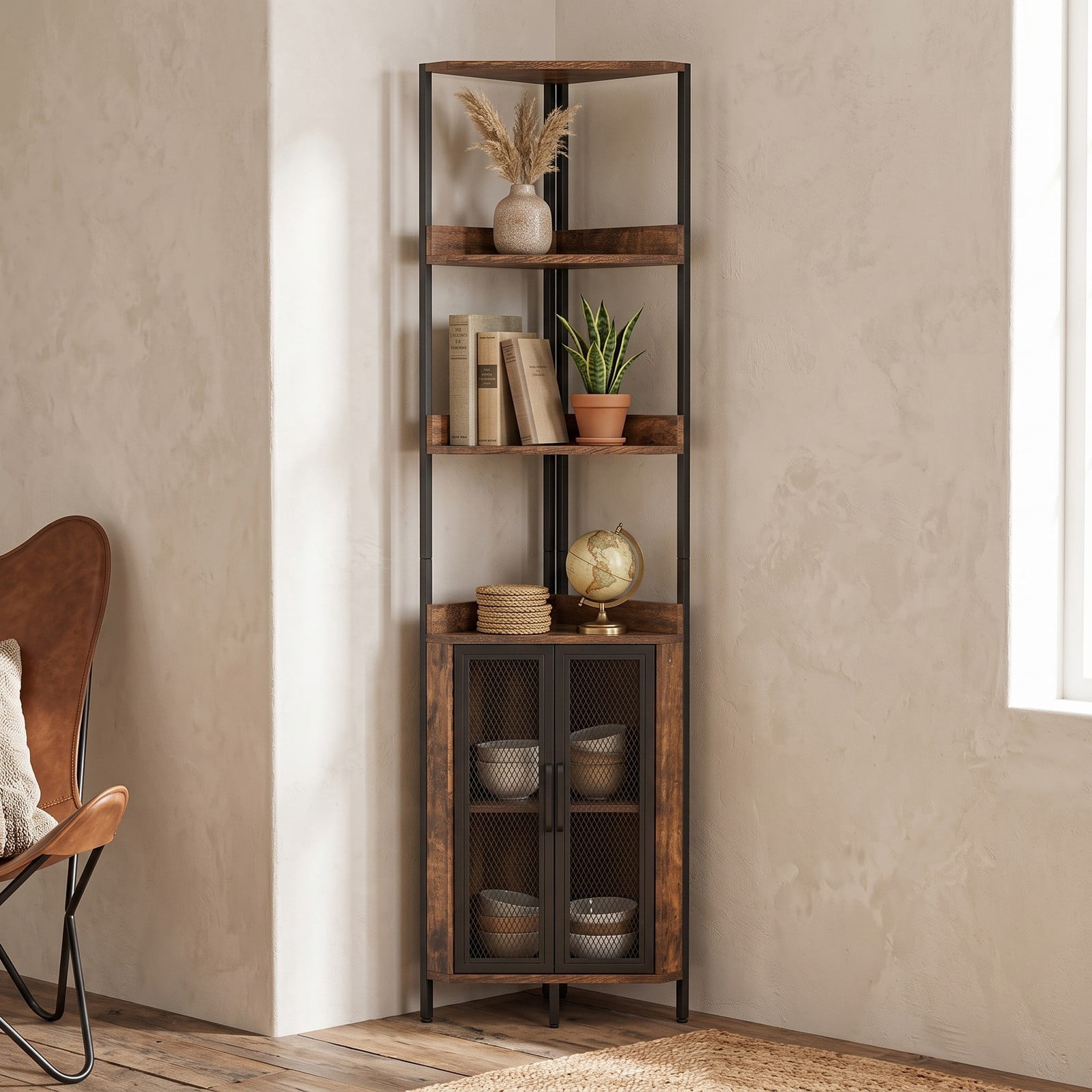 Furnibear 6-Tier Corner Bookshelf 67 Inch Tall Industrial Corner Bookcase with Cabinet Storage Rack Display Shelf for Living Room Bedroom Home Office, Rustic Brown