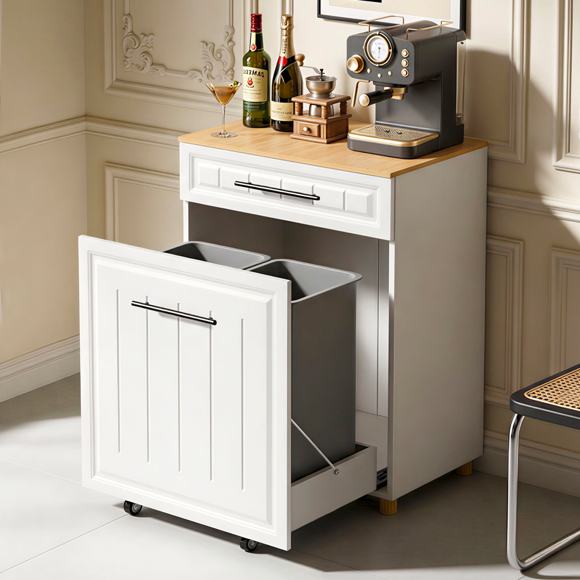 Double Pull Out Trash Can Cabinet for 2×10 Gallon Bins, Pet Proof Hidden Trash Bin Cabinet with Drawer, Freestanding Wooden Garbage Recycling & Laundry Hamper for Kitchen, Laundry, Living Room