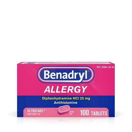 Benadryl Allergy Ultratabs Diphenhydramine HCl 25 mg Antihistamine Tablets, 100 Count