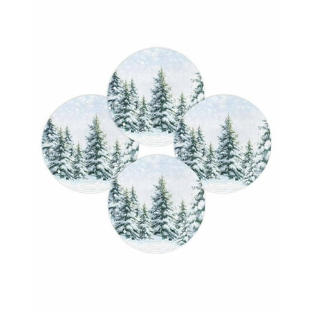 Christmas Round Placemats Set of 4 Snowflake Pine Tree Place Mats Washable Woven Placemat White Snowy Winter Forest Circle Braided Table Mat for Kitchen Dining Table Party Home Decor 15 Inch