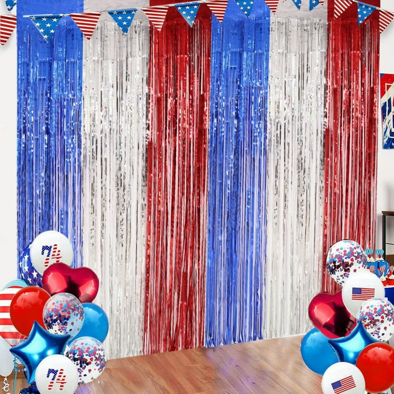 Red Silver Blue Tinsel Foil Fringe Curtains Photo Booth Metallic Party Decorations, Backdrop Curtains for Birthday Decor Party Supplies