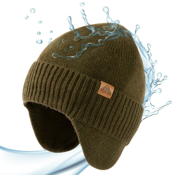 TOP-EX DryKnit™ Merino Wool Waterproof Winter Beanie with Ear Flap for Men Women Army Green L/XL