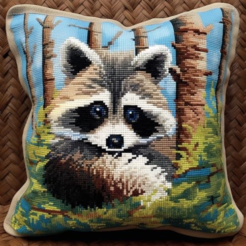 Animal Raccoon on Tree DIY Latch Hook Pillow Kit for Adults Throw Pillow Cover with Printed Canvas Crochet Yarn Needle Craft Easy Handmade Cushion for Home Sofa Decoration 43x43cm(7)