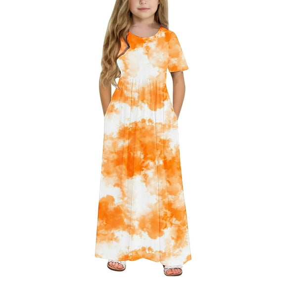 ATOGUTA Girls Casual Dresses Short Sleeve Floral Print Loose Casual Long Maxi Dress with Pockets Orange, Size 4-14 Years