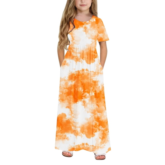 LOVZFMLL Robe Longue Extensible à Manches Courtes avec Poche et Imprimé Dégradé Mignon pour Tout-Petits Enfants
