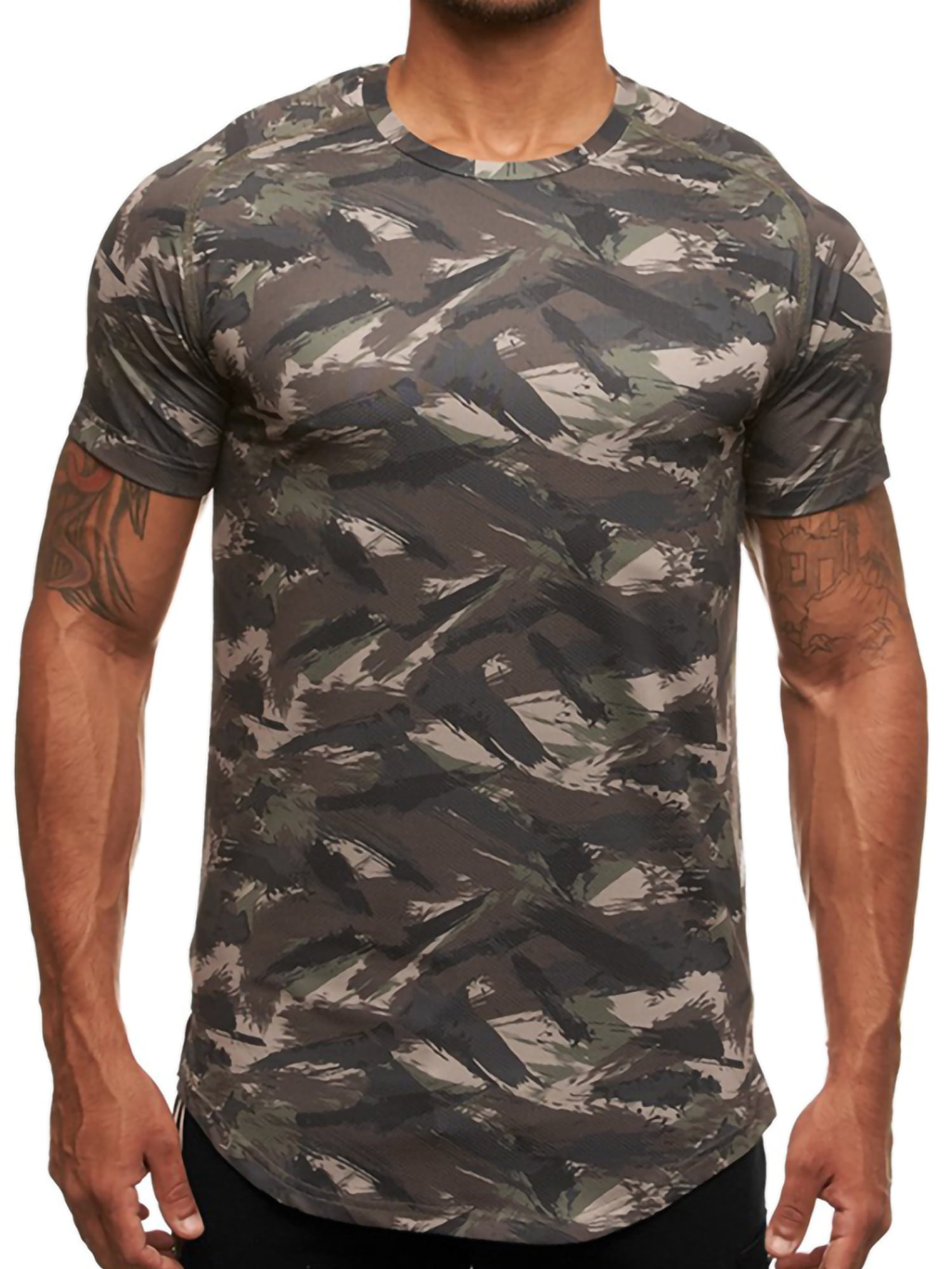 Mens Short Sleeve Shirt Camouflage Round Neck Casual T-shirt Tops Gym Tee Shirt 
