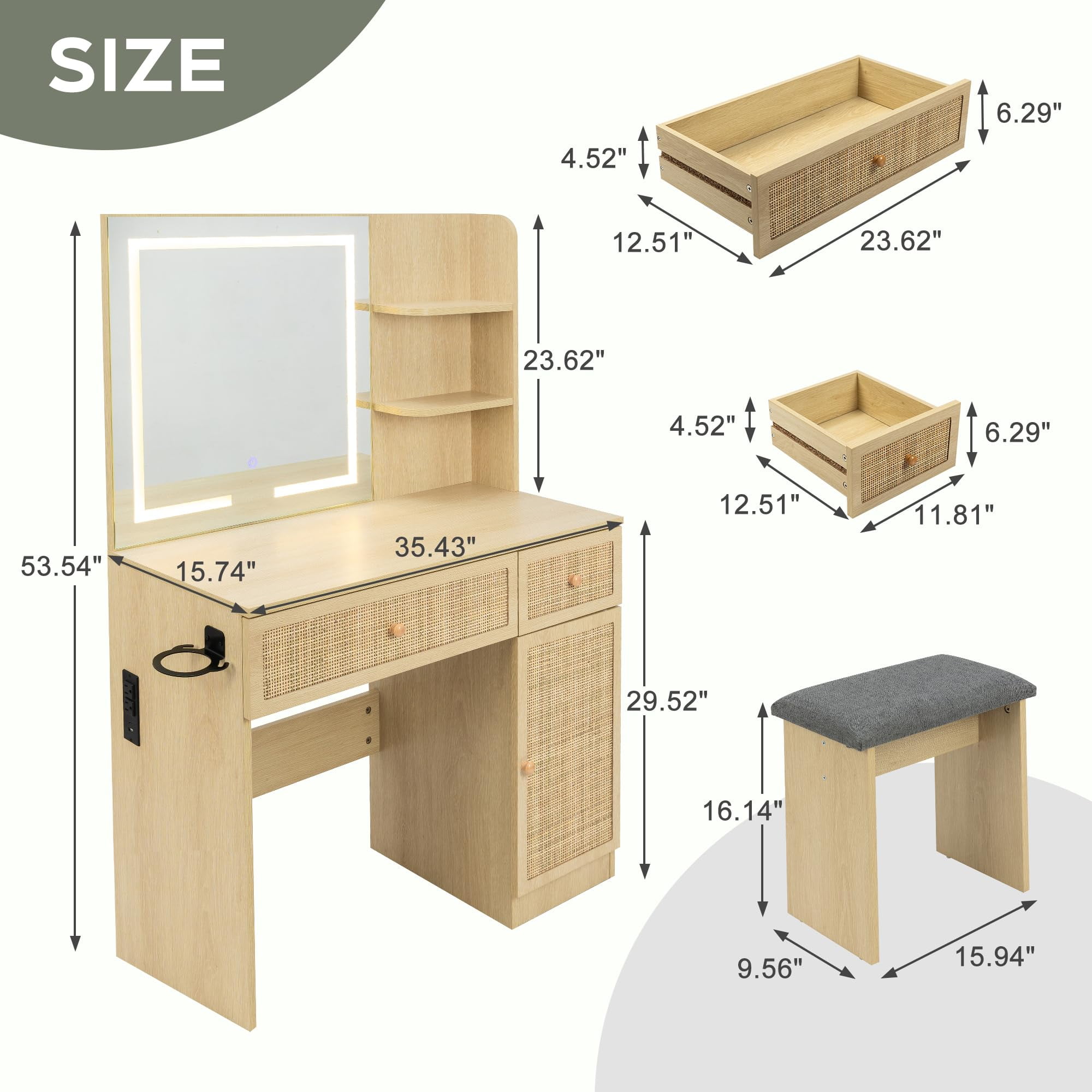 Brafabhome Boho Makeup Vanity Table and Stool with Lighted Mirror and USB Power, Rattan Vanity Table Set with Storage Shelves and Hair Dryer Stand for Makeup Room Bedroom | Beige