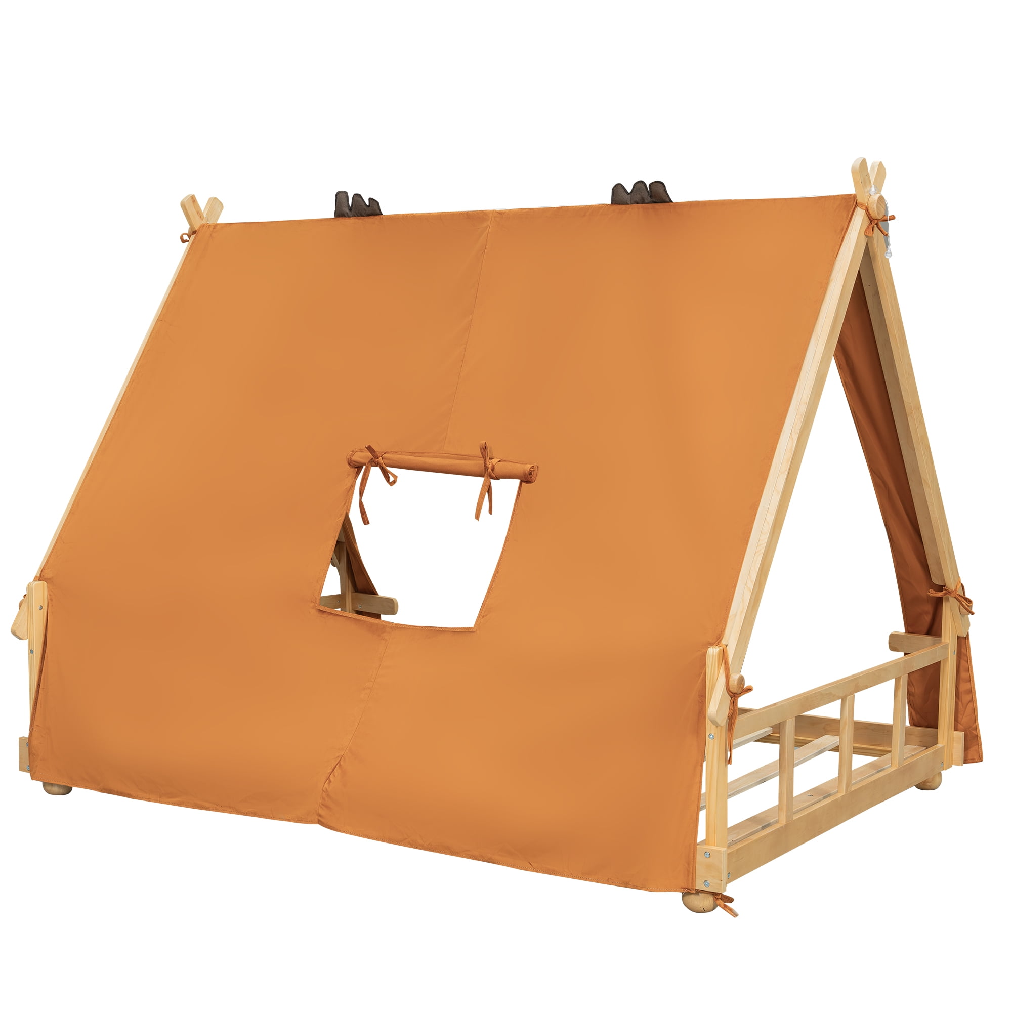Full Size House Bed with Tent and Light,Brown