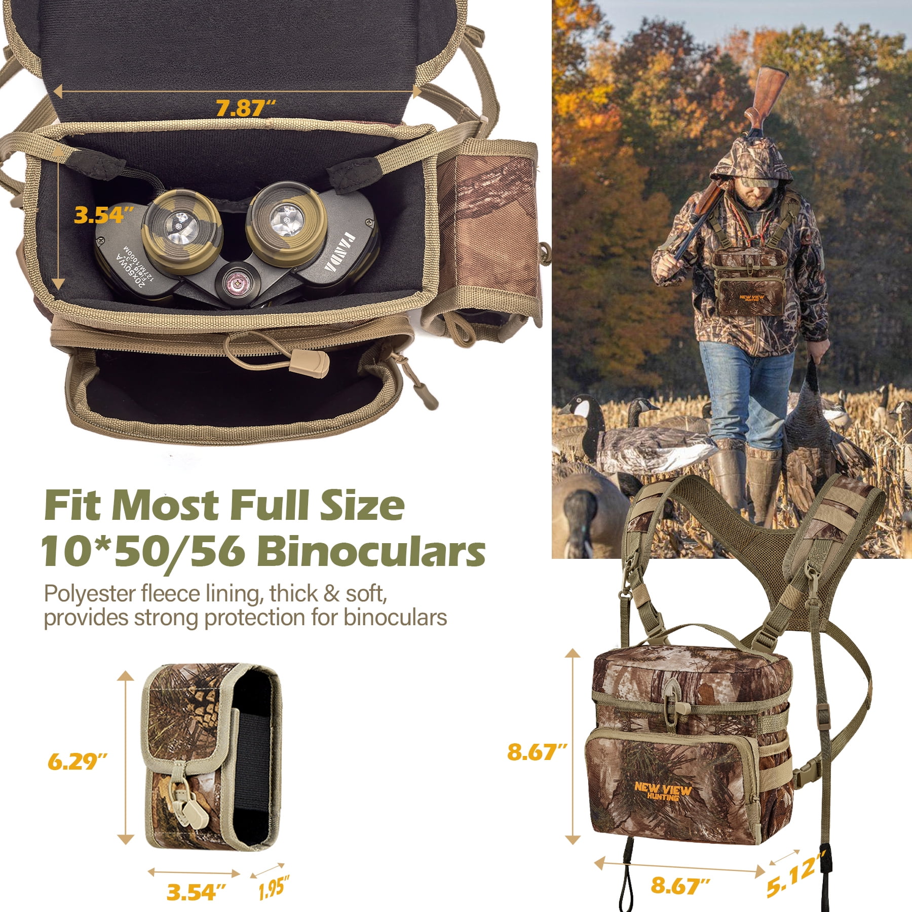 CamoRanger Ripstop Binocular Harness Chest Pack - Hunting Bino Case, Detachable Rangefinder Pouch, Adjustable Binos Harness, Rain Cove