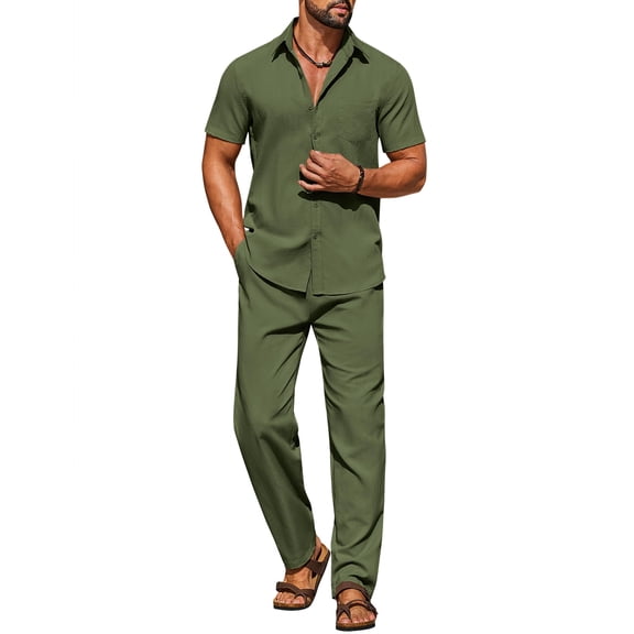 COOFANDY Men' Summer Beach Outfits 2 Piece Short Sleeve Shirts and Casual Pants Vacation Linen Sets