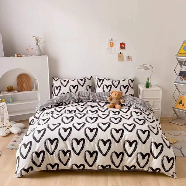 Funda Nórdica Reina Juegos de Cama en Forma de Corazón Funda Nórdica Completa Blanca y Negra