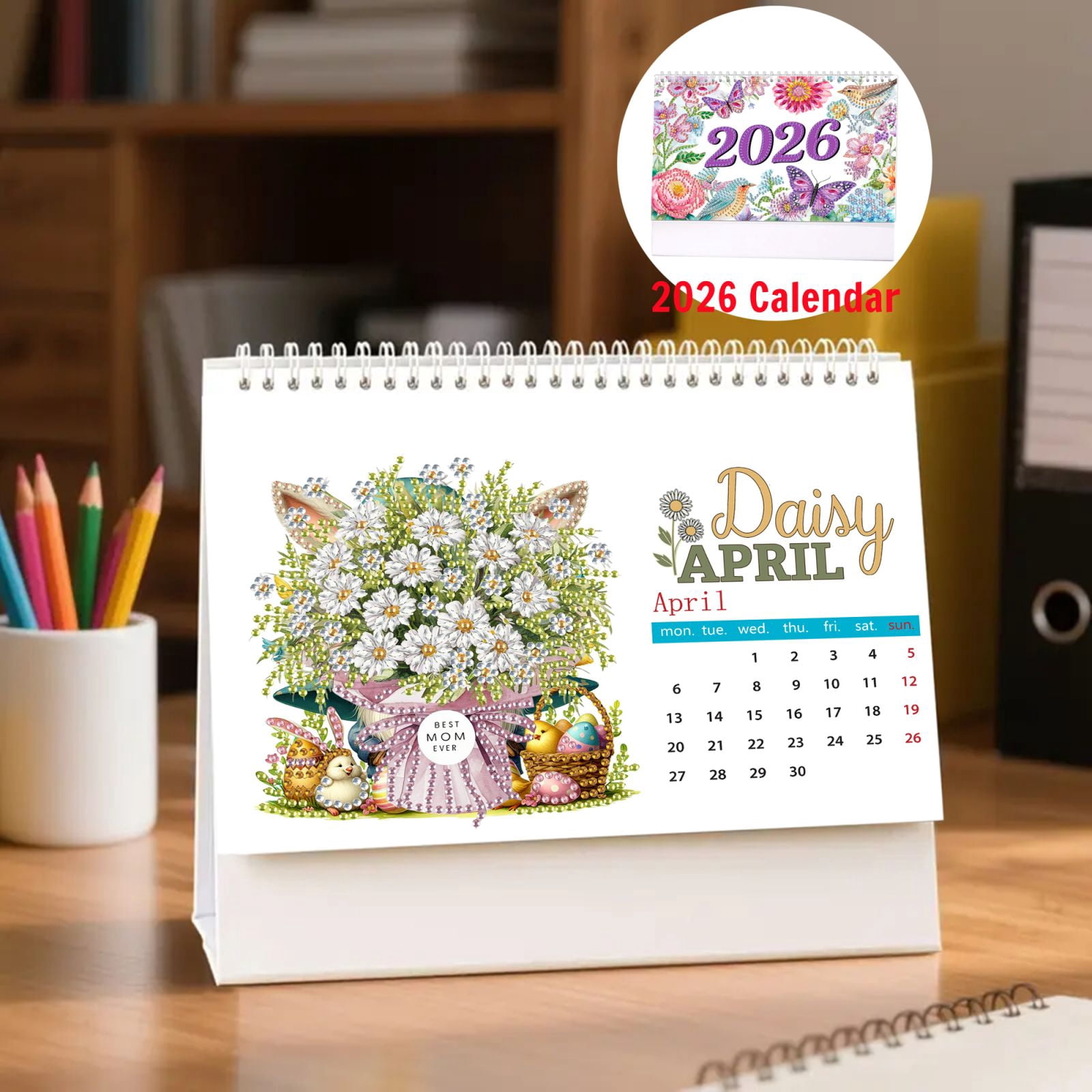 FLOPESN 2026 DIY Diamond Art Painting Desk Calendar,Thick Paper Monthly Flip Tabletop Calendars for Office Home Decor Planning-Bouquet