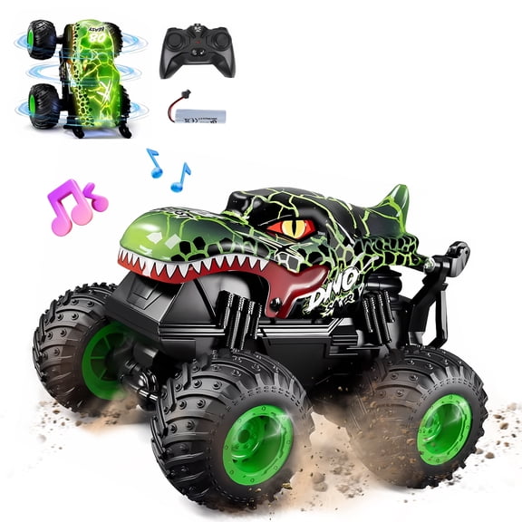 YCFUN RC Monster Truck Toys for Kids, 360° Stunt Remote Control Cars with LED and Music, Dinosaur Toy RC Car for Kids Boys Ages 3-12 (Green)