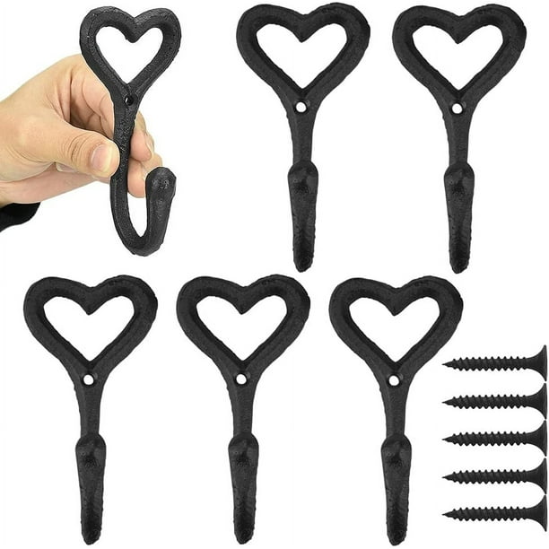 6Pcs Funky Coat Hooks Black Love Heart Wall Mounted Clothes Hanger Rustic Vintage Cast Iron Metal Coat Hooks with Screws