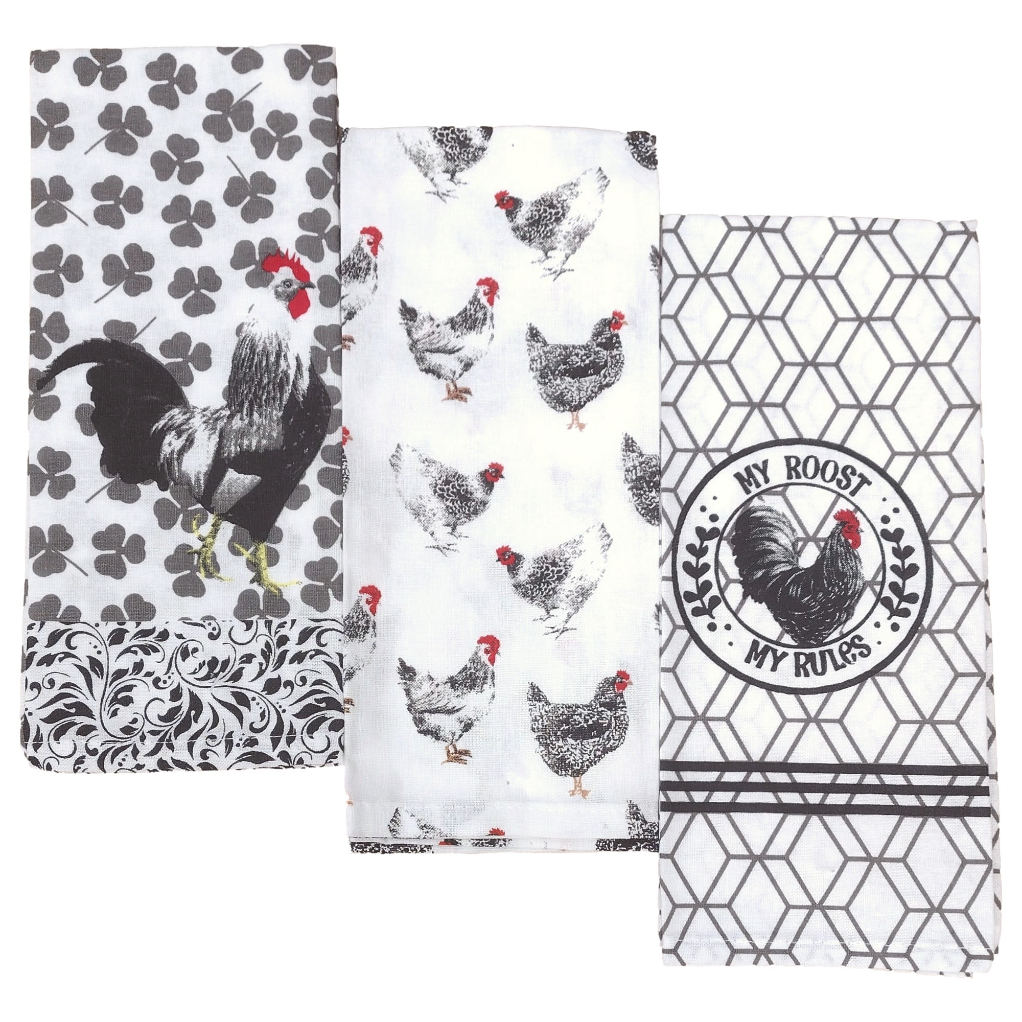 Mabelle Collection Chicken & Rooster Kitchen Towel Set, 3 Cotton Dish