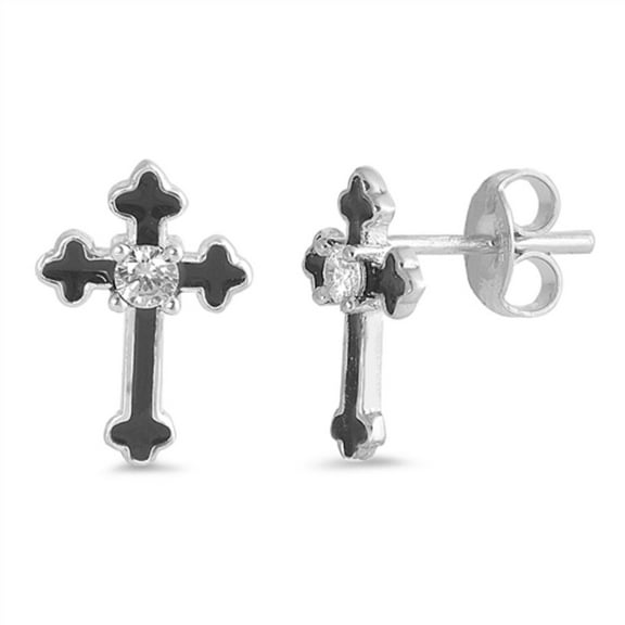 Round Clear CZ Enamel Black Cross Stud Earring Sterling Silver