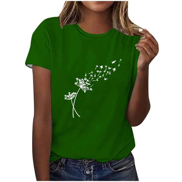 Tii.MM Hauts d'Été pour Femmes 2025 T-Shirt Graphique à Manches Courtes Col Ras du Cou T-Shirts à Imprimé Pissenlit T-Shirts Mignons Basiques
