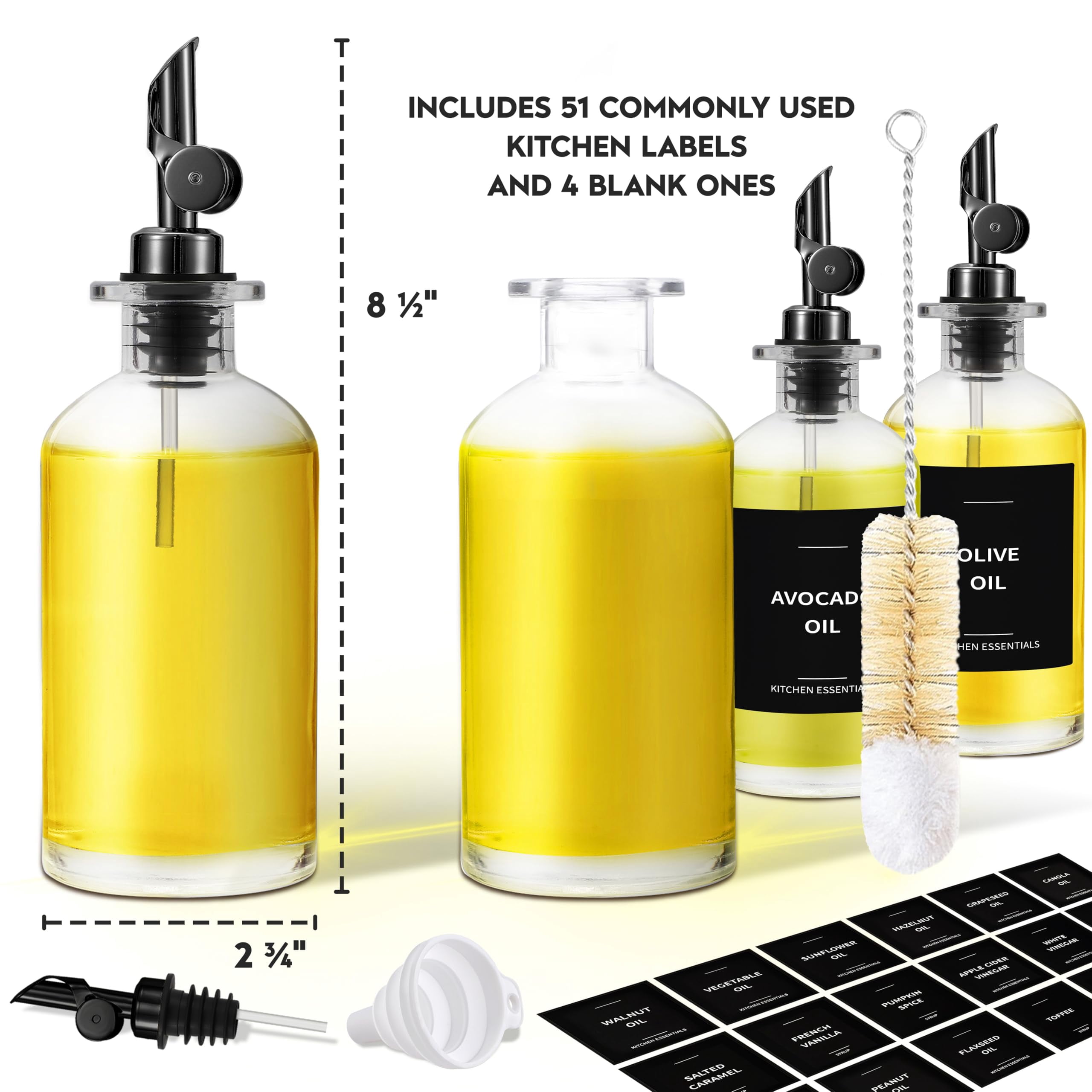 Oil Dispenser For Kitchen - Glass Olive Bottle Set Of 4 (11.8oz) With Black Weighted Self-closing Pourer Cooking 66 Labels  Aligner & Funnel