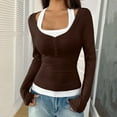 thumbnail image 2 of Lenpel Women's Long Sleeve T-Shirts Square Neck Quarter Button Color Block 2 in 1 Slim Tee Tops Soft Casual Blouses(Coffee,Medium), 2 of 6