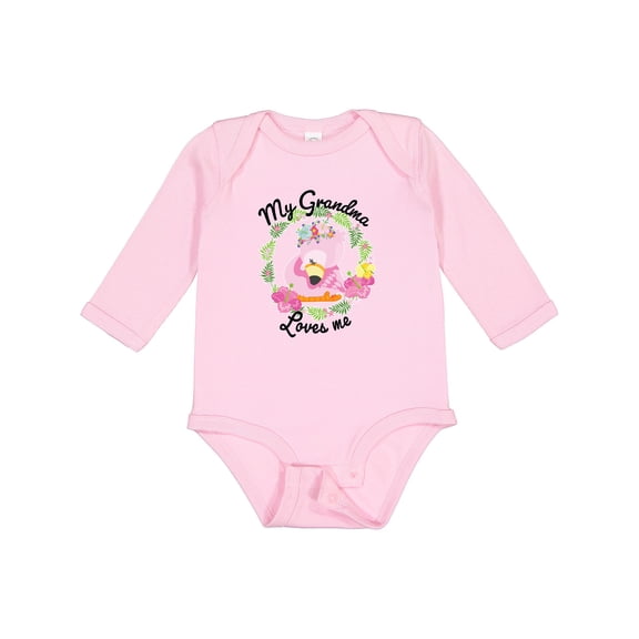 Inktastic Baby Flamingo My Grandma Loves Me with Flower Wreath Boys or Girls Long Sleeve Baby Bodysuit