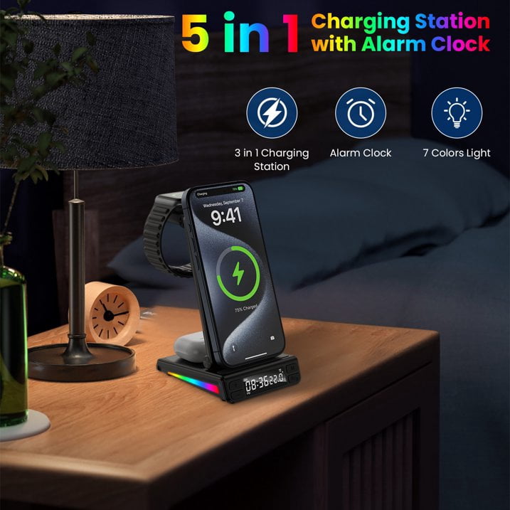 Wireless Charger,HopePow 5 in 1 Portable Fast Magnetic Wireless Charging Stand Dock Watch Charging Station for Multiple Devices FCC Approved
